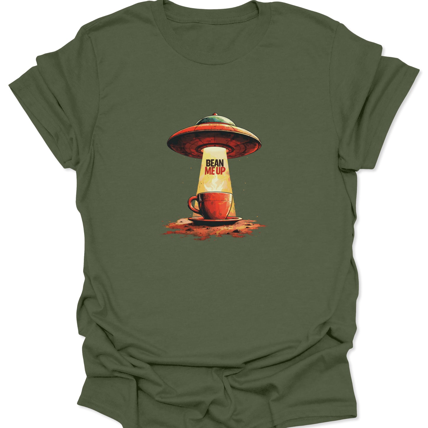 Military green t-shirt displaying a vibrant graphic of a UFO, or flying saucer, aggressively grabbing a coffee cup with an illuminated tractor beam.