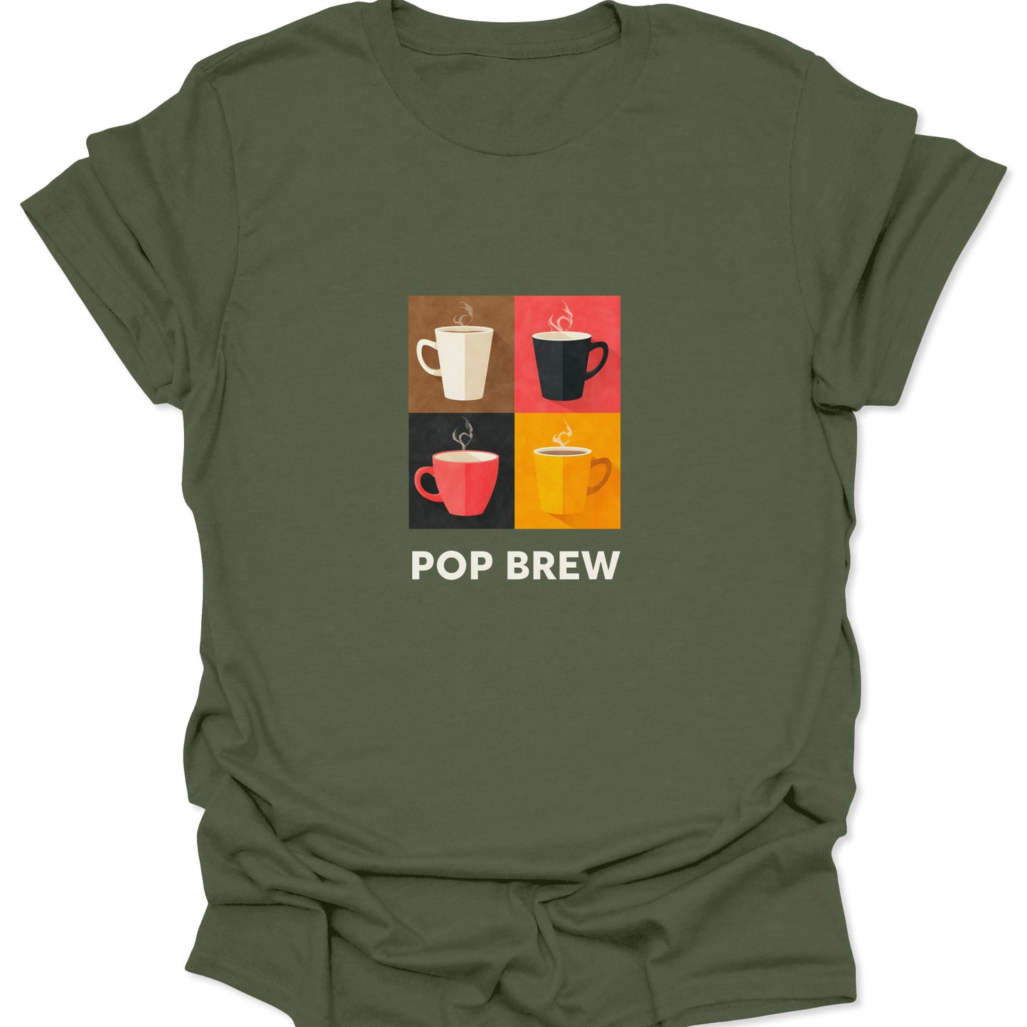 Military green t-shirt with a high-contrast, multi-color quad graphic of coffee mugs and the phrase "POP BREW," blending military durability with retro art style.
