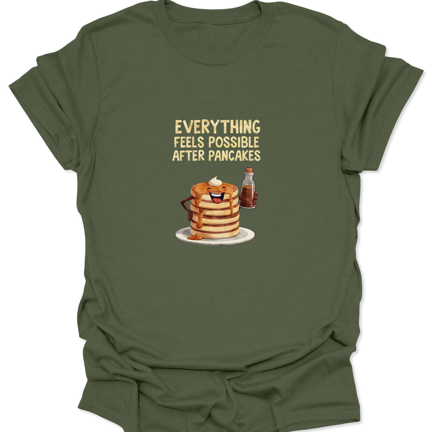 Military Green t-shirt with a funny brunch design featuring pancakes and maple syrup bottle.