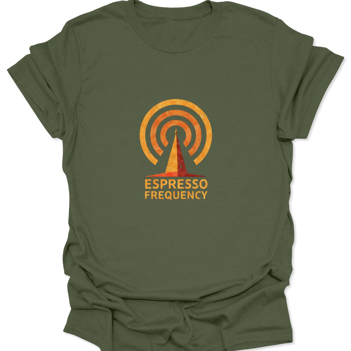 Military green shirt with a retro, distressed illustration of a radio frequency tower and the bold, all-caps text "ESPRESSO FREQUENCY."