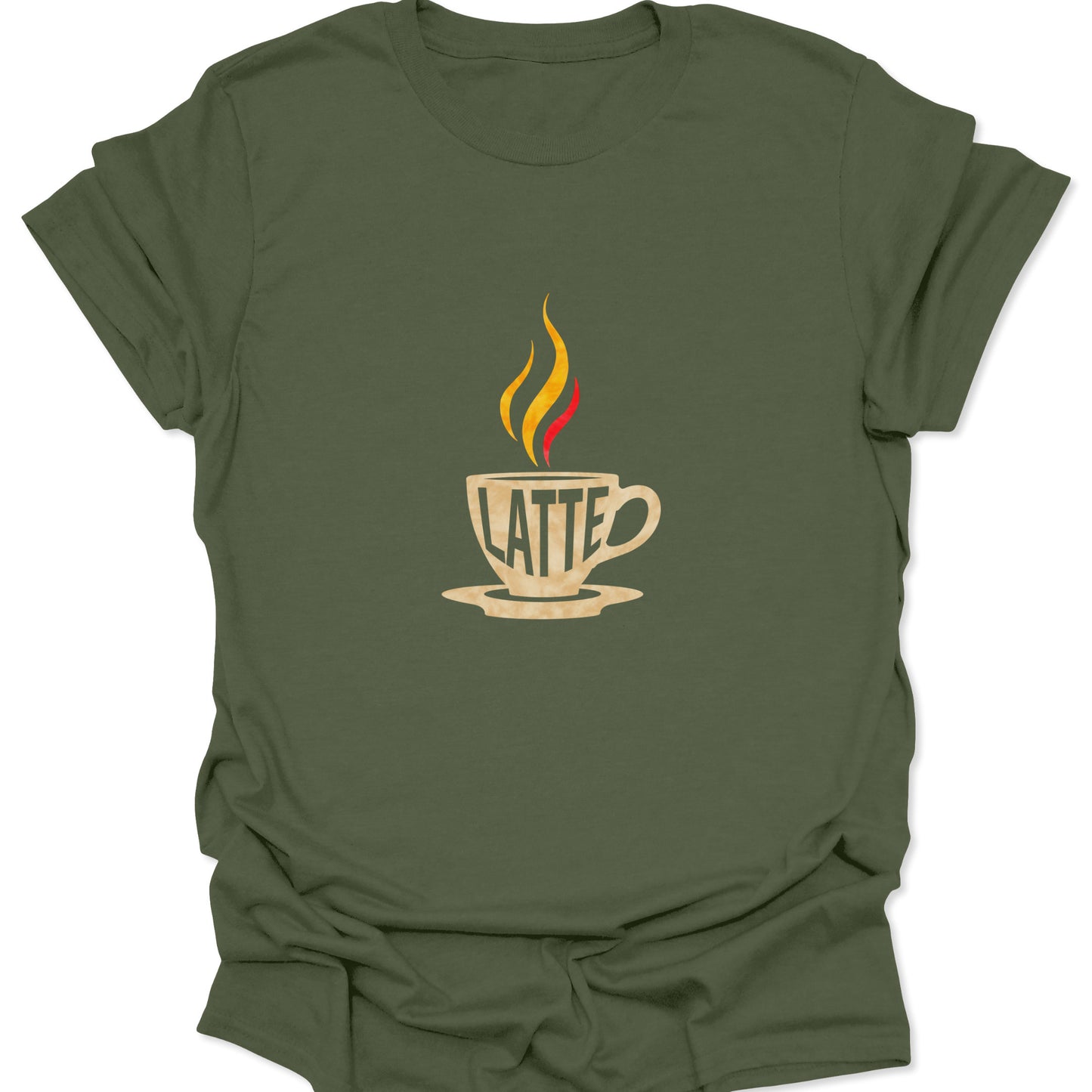 Military green graphic tee with the bold, white LATTE cup and vibrant yellow-red flame design, signaling a powerful caffeine addiction.