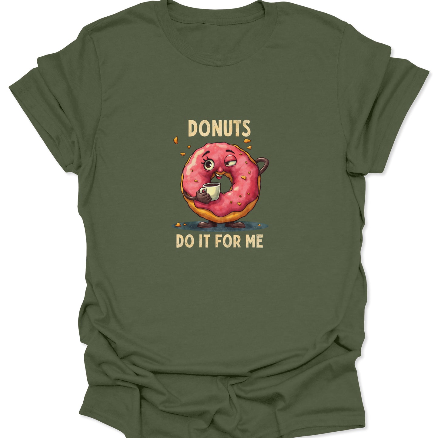 Military green shirt showing a vibrant pink-glazed donut design, a witty mashup of sweet food and intense coffee culture.
