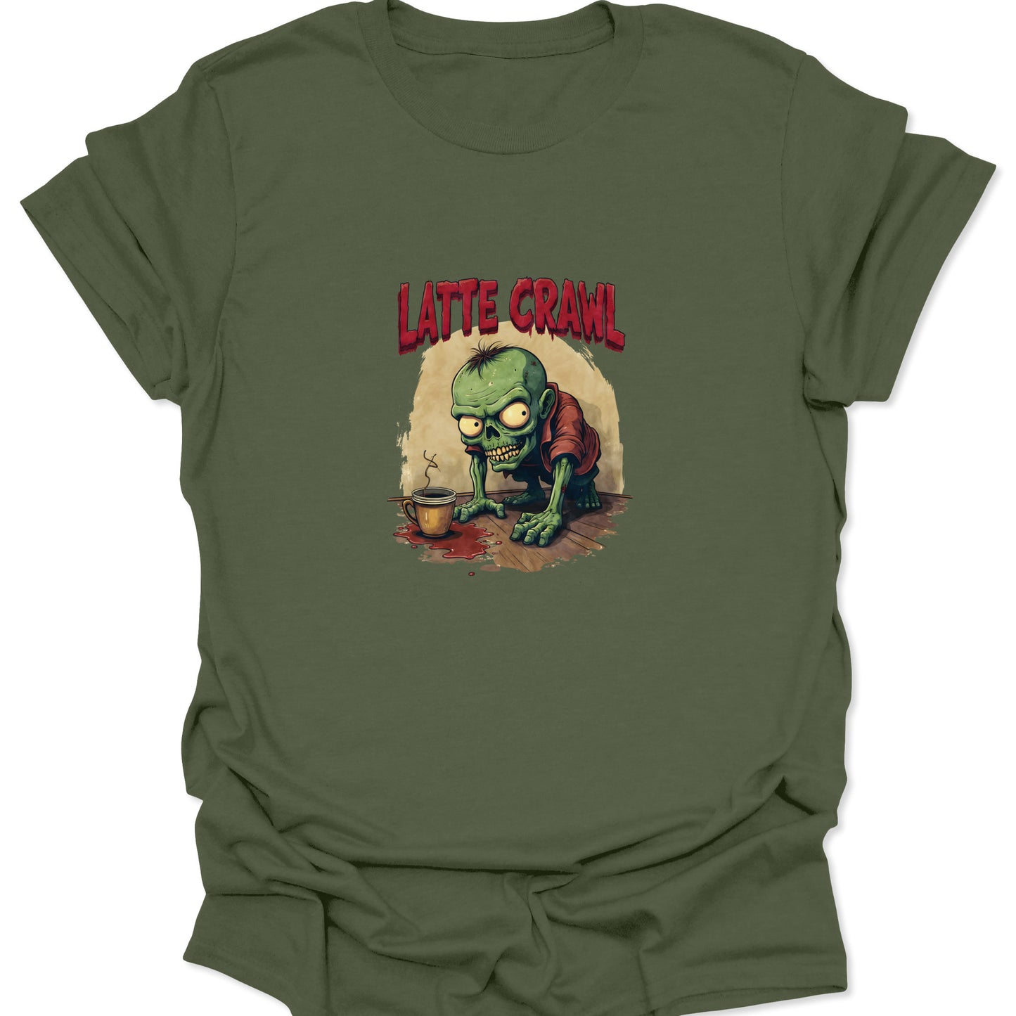 Graphic t-shirt design combining horror and coffee culture. Features a zombie with bloodshot eyes in a low crawl on a green background.