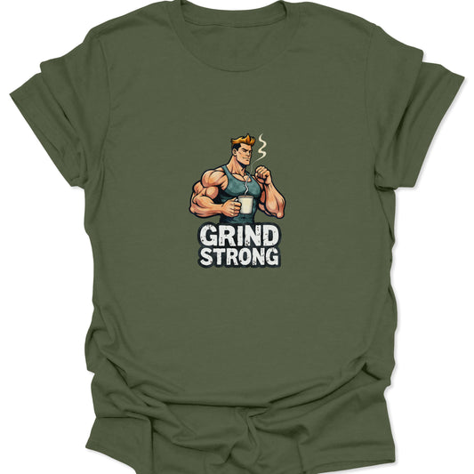 Retro comic graphic t-shirt of a muscular man drinking coffee with text "GRIND STRONG" on a military green background.