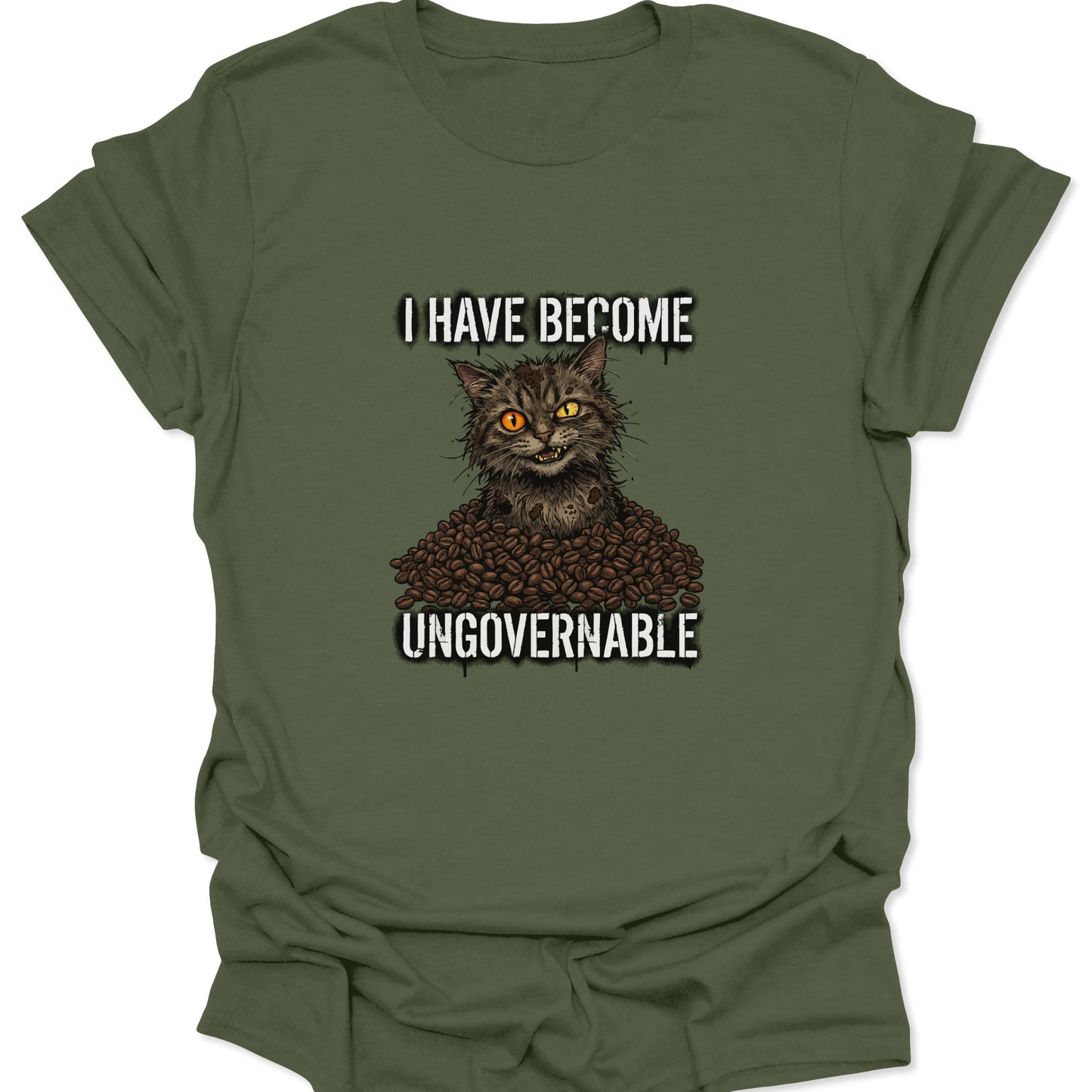 An edgy cat and coffee bean design with a chaotic "Ungovernable" slogan, featured on a military green t-shirt variant.