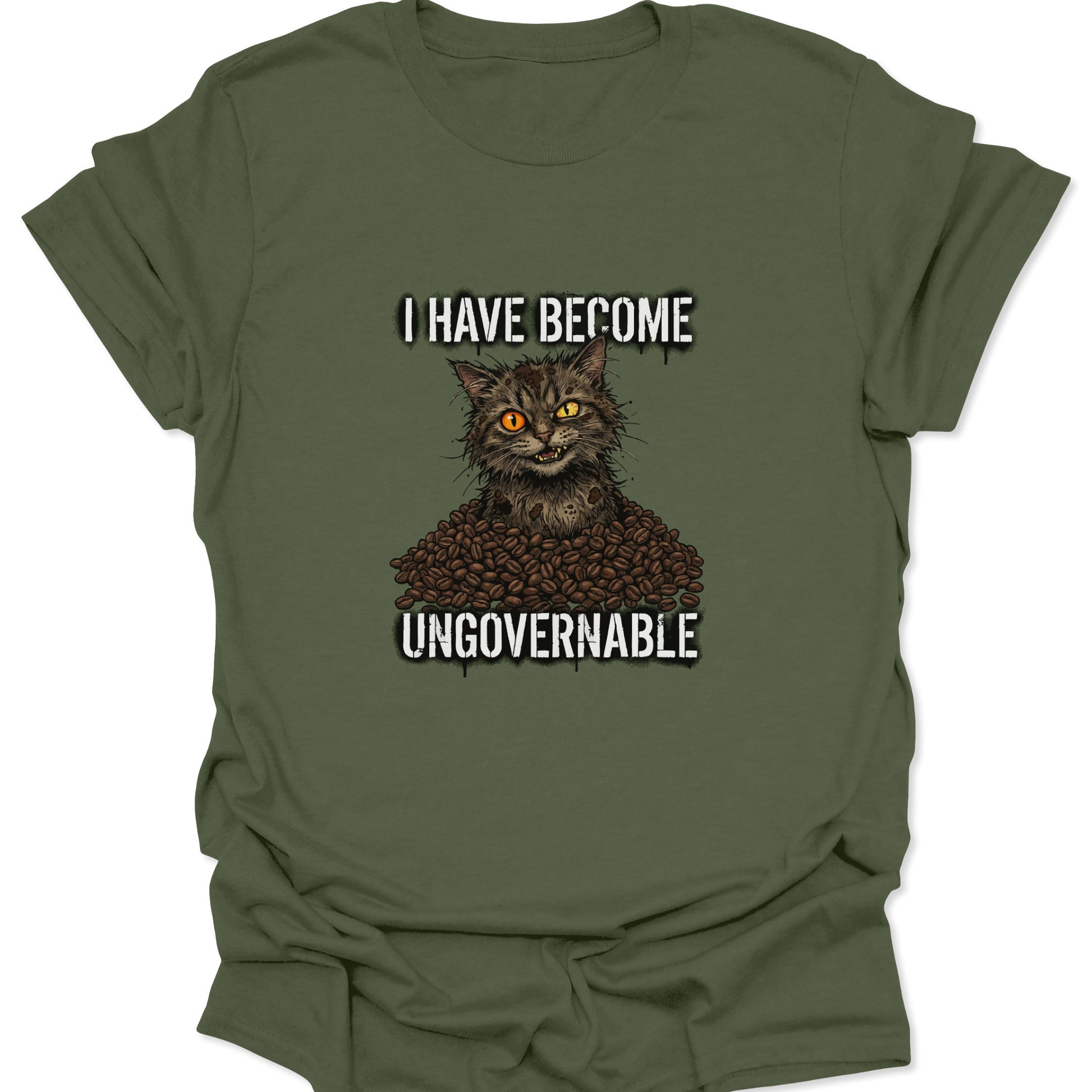 An edgy cat and coffee bean design with a chaotic "Ungovernable" slogan, featured on a military green t-shirt variant.