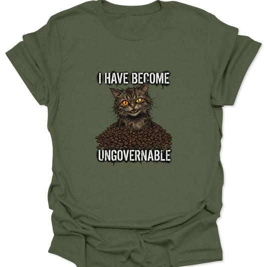 An edgy cat and coffee bean design with a chaotic "Ungovernable" slogan, featured on a military green t-shirt variant.