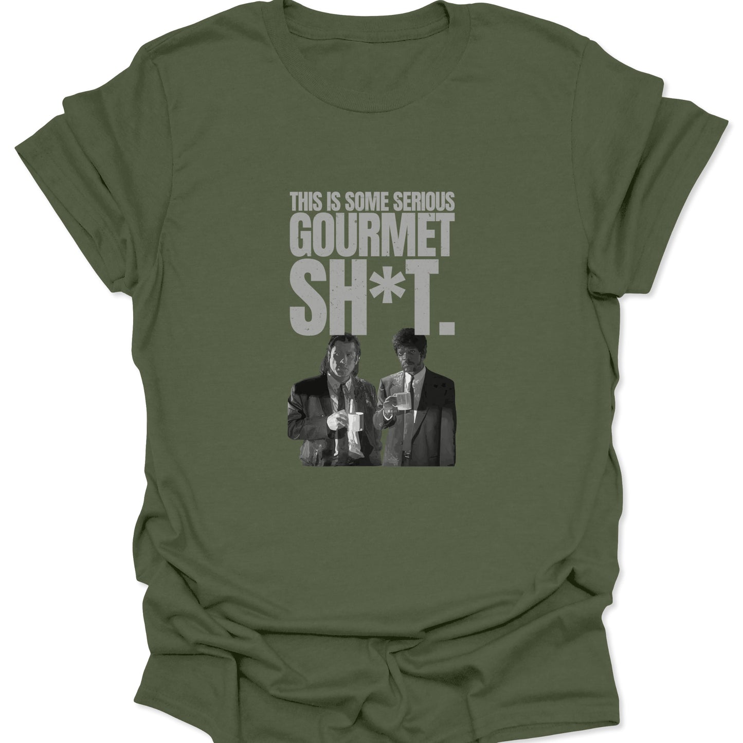 A military green t-shirt featuring a high-contrast black and white graphic of two men in suits drinking coffee with bold typography.