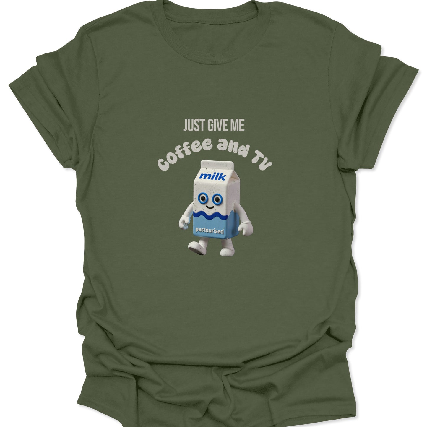 Olive green military-style tee featuring a whimsical 3D milk carton character and 90s-inspired "Coffee and TV" slogan.