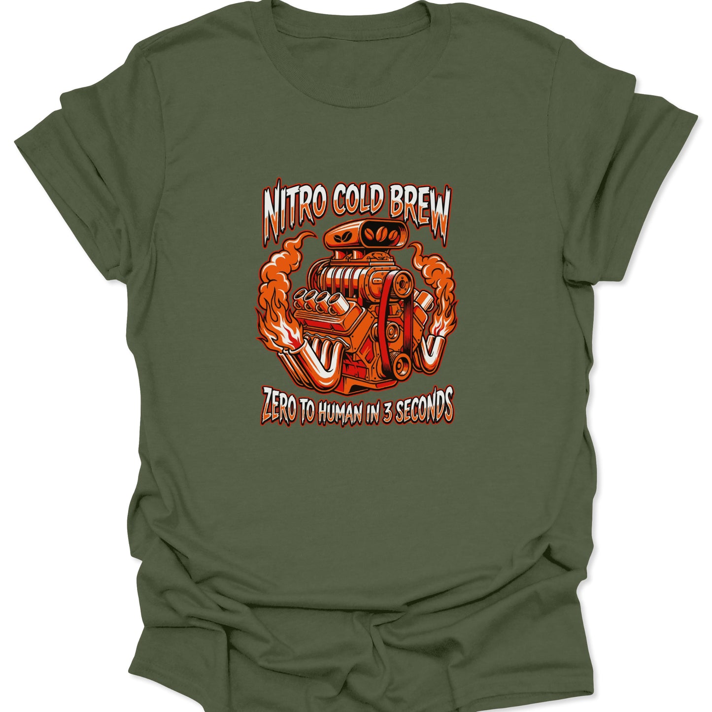 A military green t-shirt featuring an orange and chrome V8 engine graphic with coffee bean details and "Nitro Cold Brew" text.