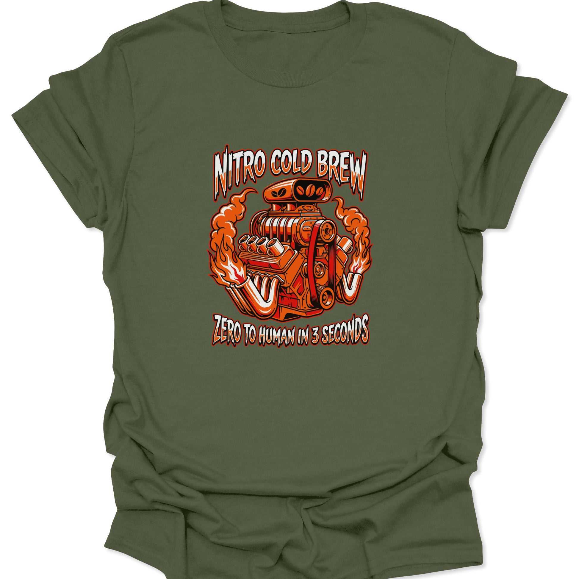 A military green t-shirt featuring an orange and chrome V8 engine graphic with coffee bean details and "Nitro Cold Brew" text.