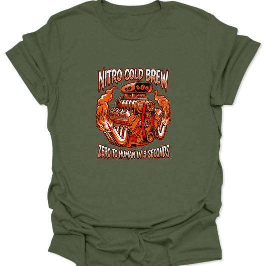A military green t-shirt featuring an orange and chrome V8 engine graphic with coffee bean details and "Nitro Cold Brew" text.