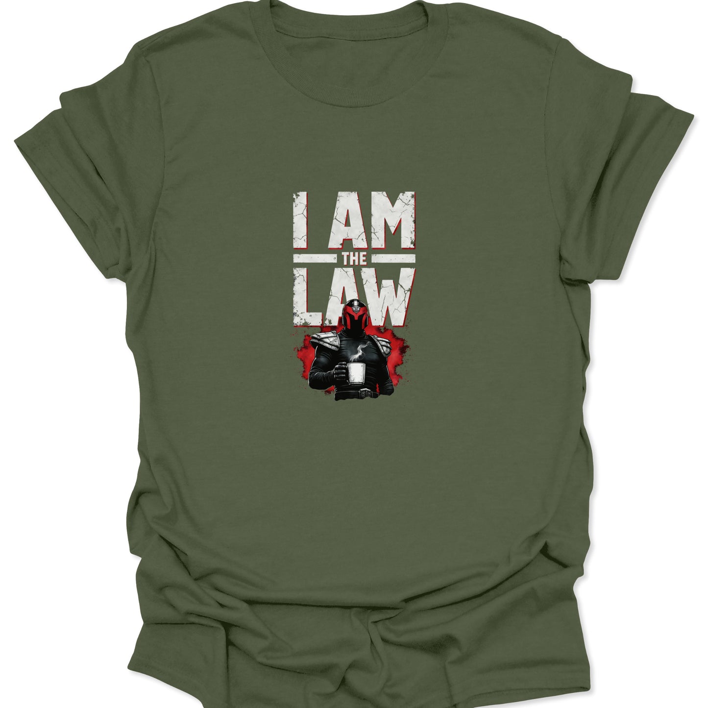 A military green tee displaying a sci-fi parody of Judge Dredd drinking coffee with a red distressed circular graphic.