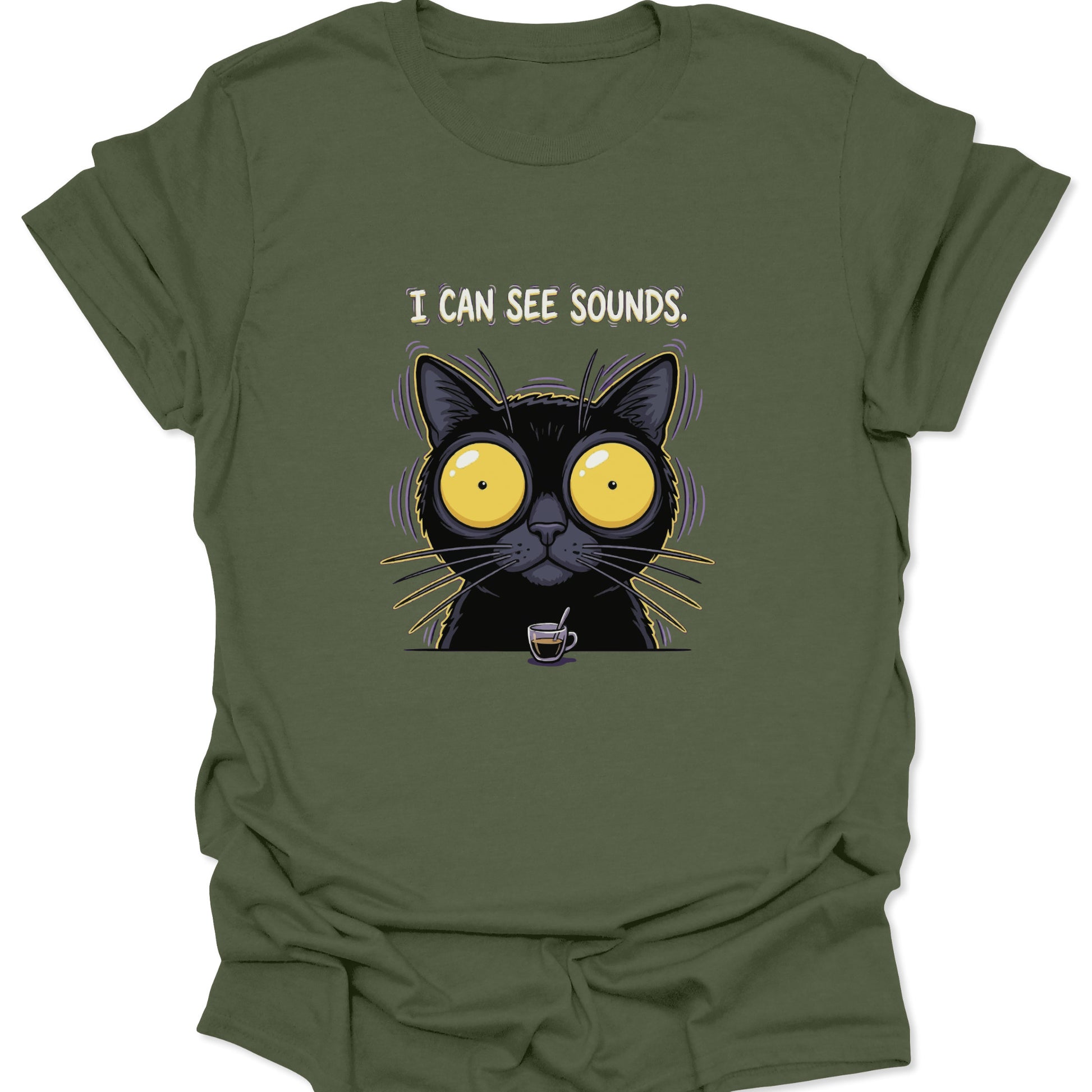 A military green tee showcasing a quirky cartoon black cat with dilated yellow pupils and a tiny coffee cup, emphasizing a funny "caffeine overdose" aesthetic.