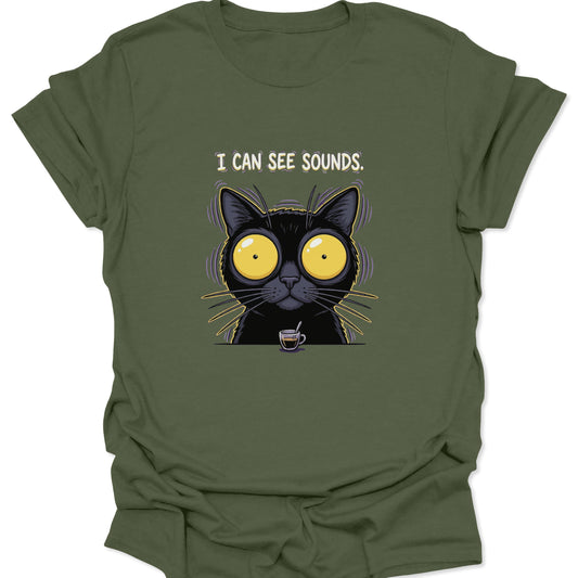 A military green tee showcasing a quirky cartoon black cat with dilated yellow pupils and a tiny coffee cup, emphasizing a funny "caffeine overdose" aesthetic.