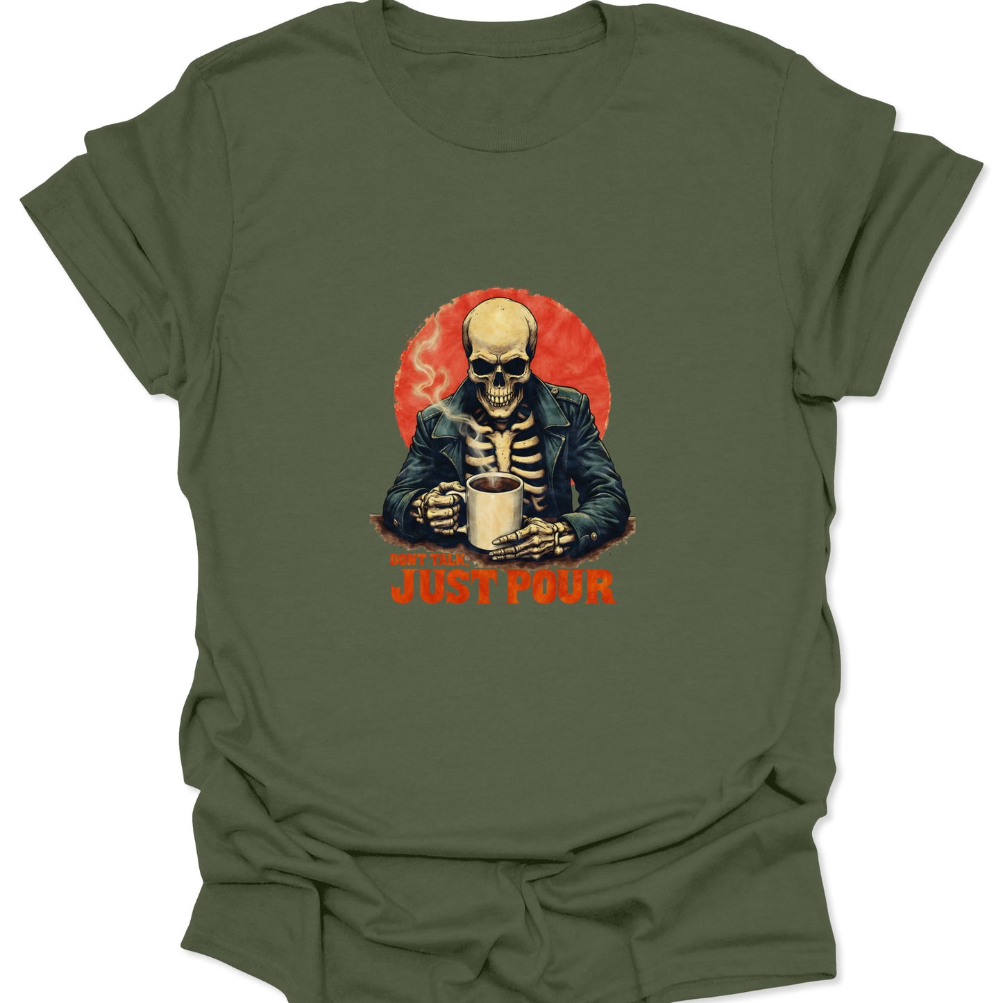 Military green t-shirt with a vintage-style skeleton graphic, dressed like a biker or grim reaper, holding a coffee cup, emphasizing an urgent need for caffeine.