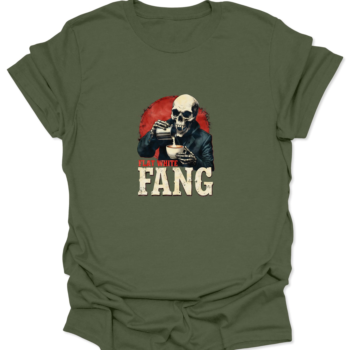 Military green t-shirt displaying a macabre, retro horror-style skeleton barista preparing a flat white, perfect for dark coffee enthusiasts.