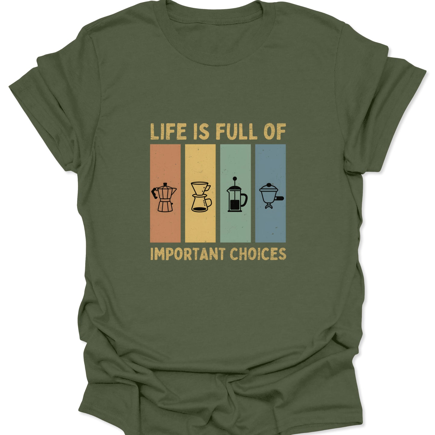 Military green t-shirt featuring a four-panel retro design showcasing manual coffee brewing equipment in a distressed, minimalist style.