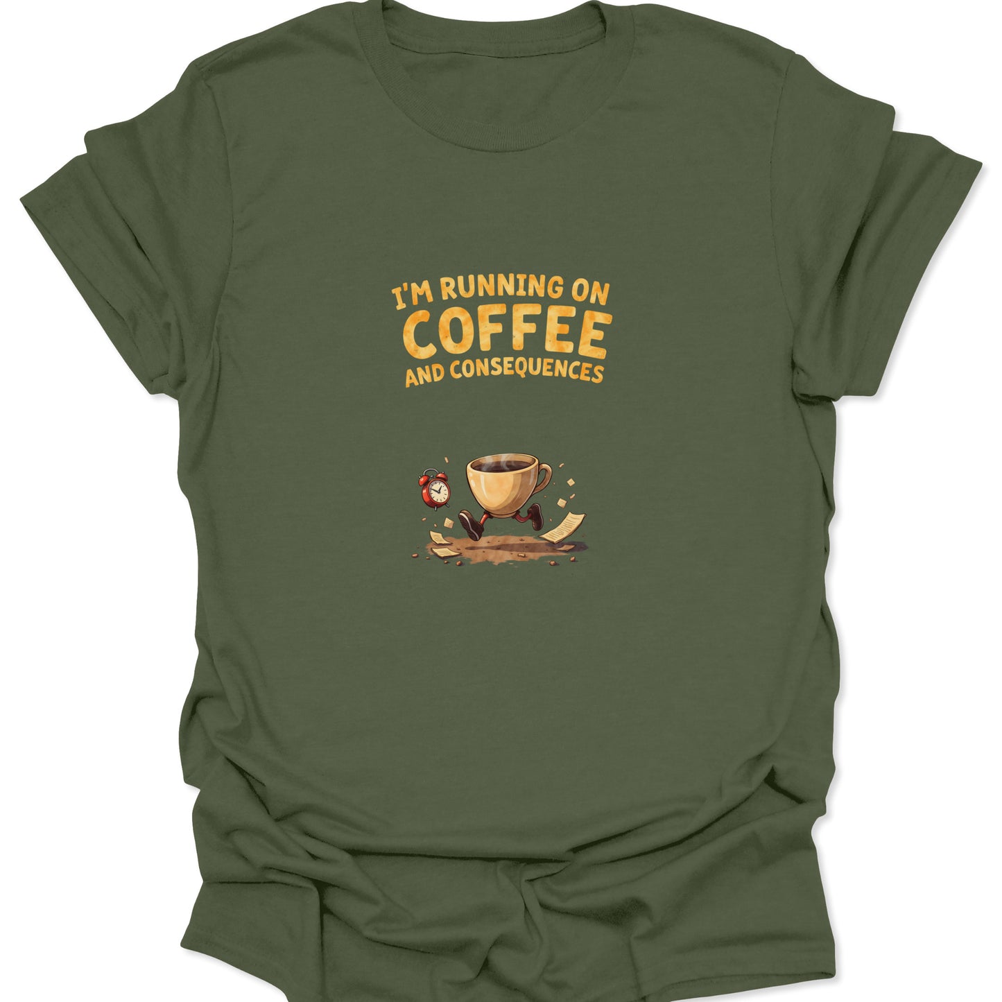 Military Green t-shirt with a retro-style graphic of a coffee mug running away from consequences holding an alarm clock.
