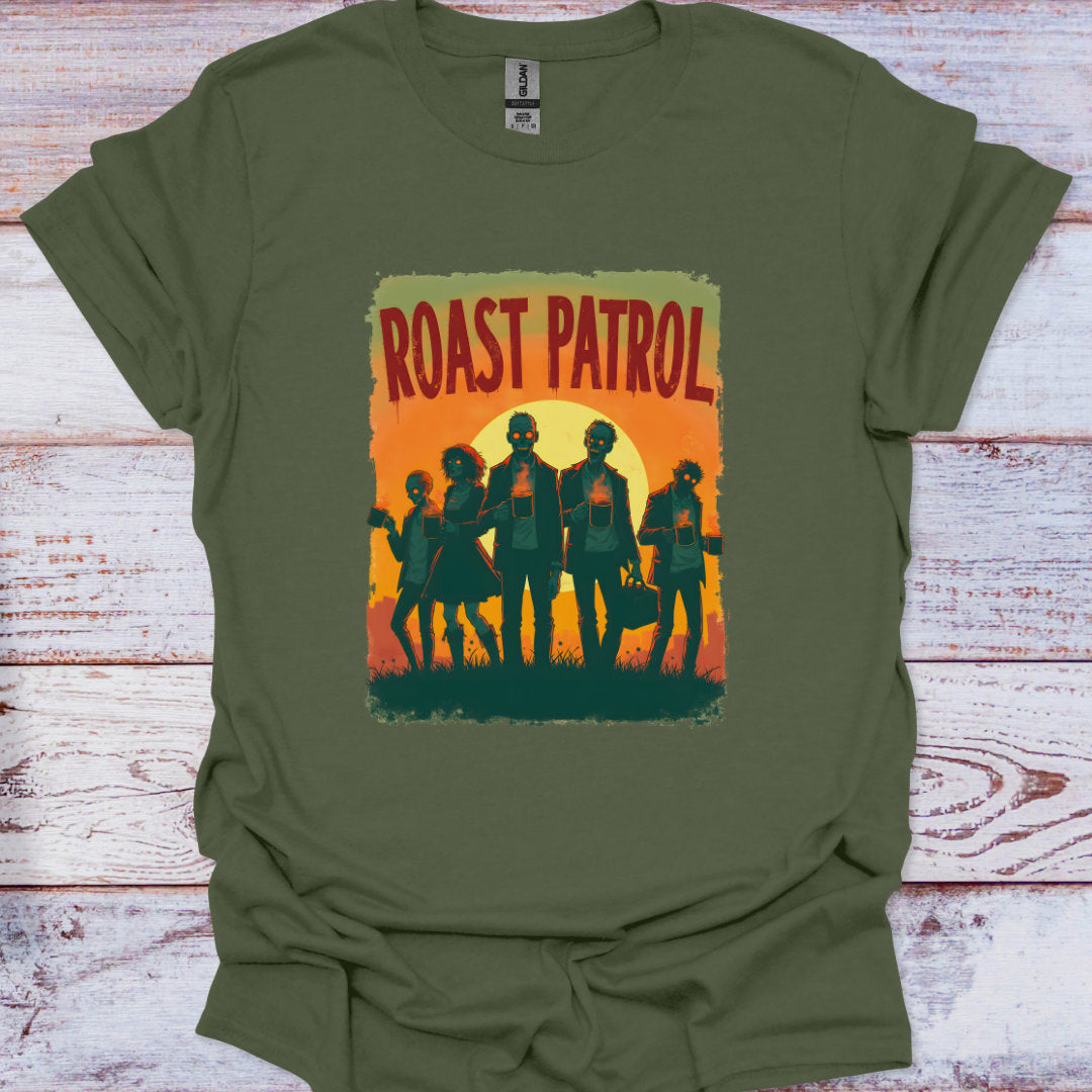 Green t-shirt with 'Roast Patrol' graphic on a wooden surface