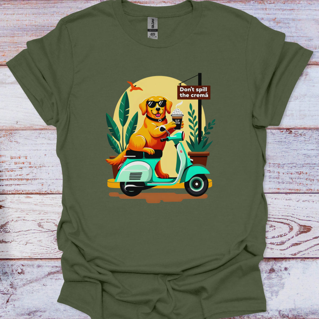 Green t-shirt with a cartoon dog on a scooter graphic and 'Don't spill the cream' text.