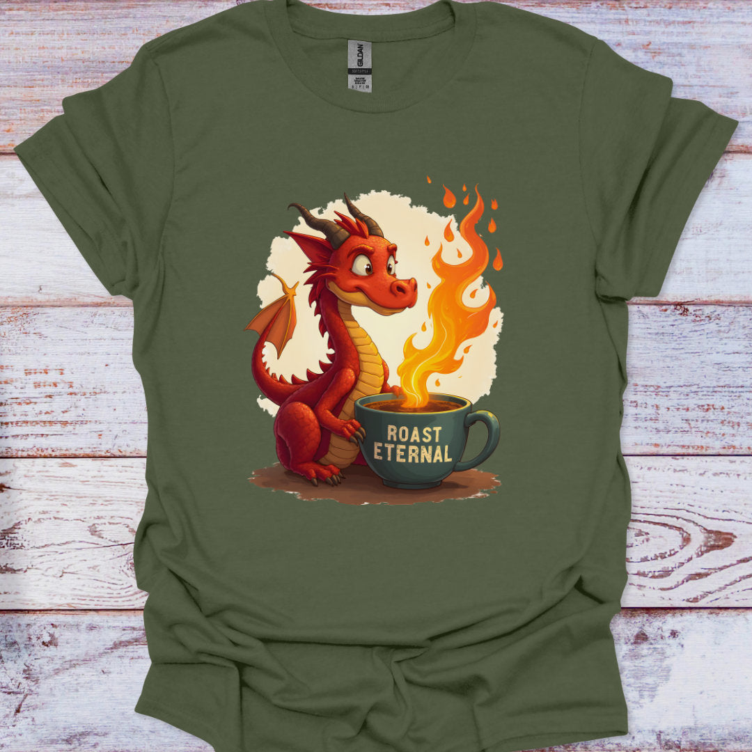 Green t-shirt with a dragon and coffee cup graphic on a wooden surface