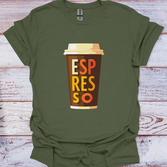 Green t-shirt with a coffee cup graphic and 'ESPRESSO' text on a wooden surface