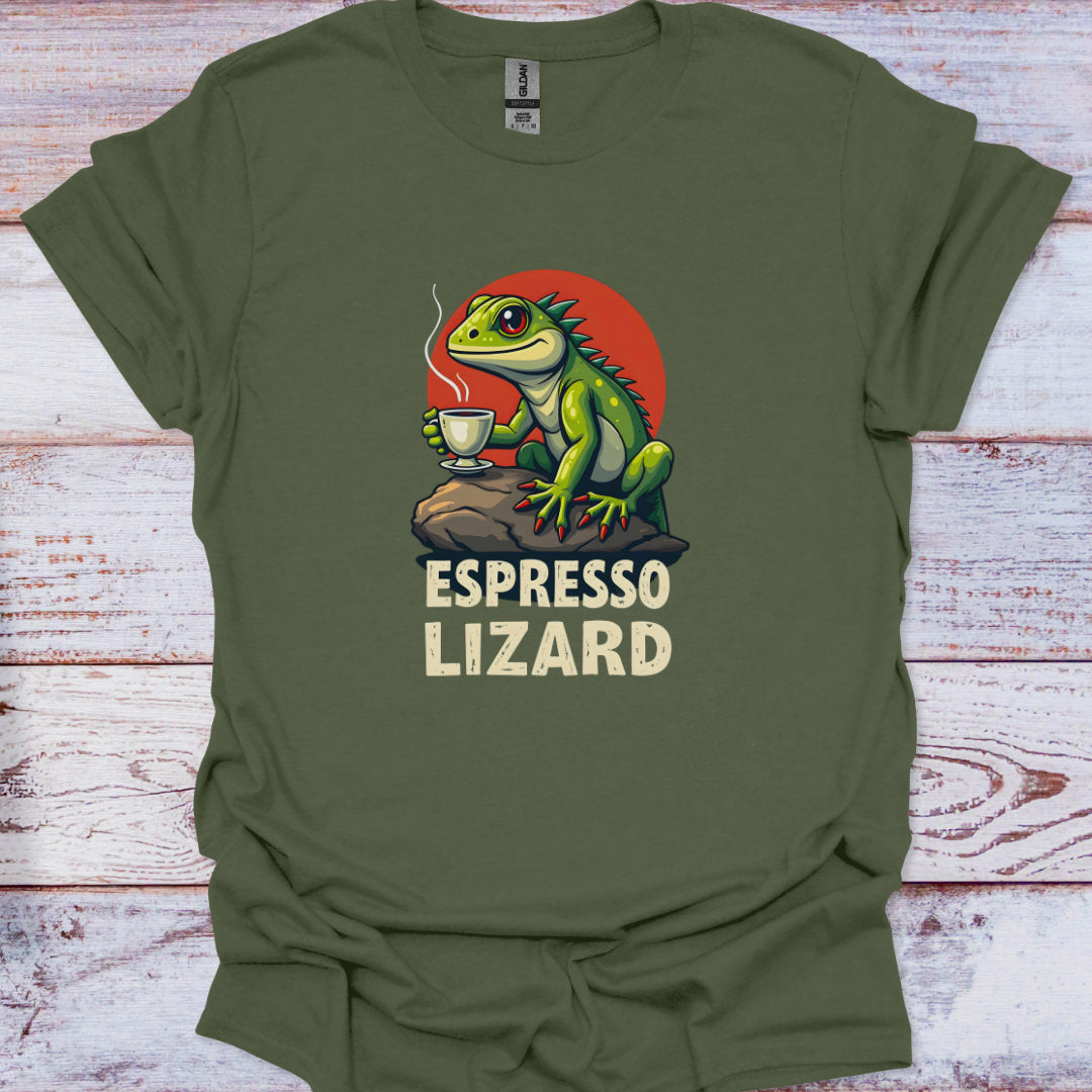 Green t-shirt with a graphic of a lizard holding a cup labeled 'Espresso Lizard' on a wooden surface.