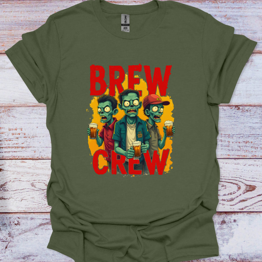 Green t-shirt with 'Brew Crew' design featuring zombies holding coffee on a wooden background