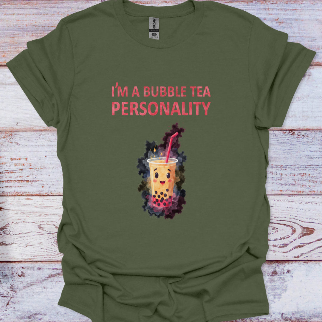 Green t-shirt with bubble tea graphic and text on a wooden surface