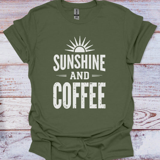 Green t-shirt with 'Sunshine and Coffee' text on a wooden surface