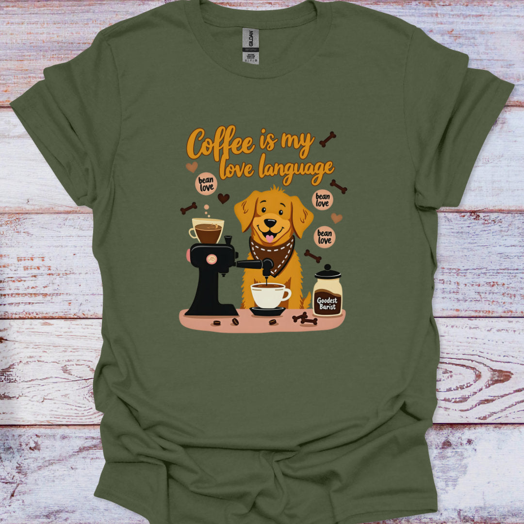 Green t-shirt with a dog and coffee-themed graphic on a wooden surface