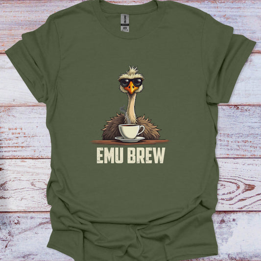 Green t-shirt with an emu wearing sunglasses and a coffee cup, labeled 'EMU BREW', on a wooden surface.