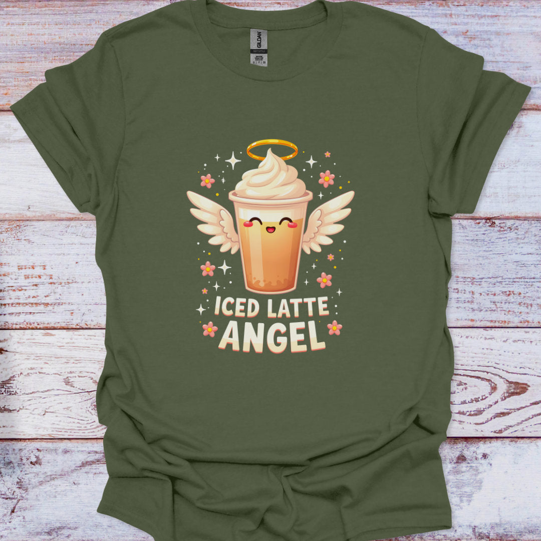 Green t-shirt with 'Iced Latte Angel' design on a wooden surface