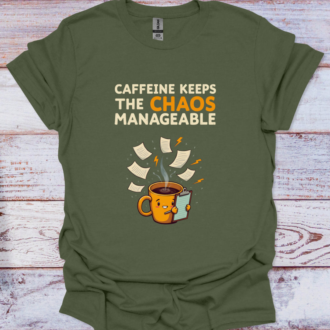 Green t-shirt with a coffee cup graphic and text on a wooden surface