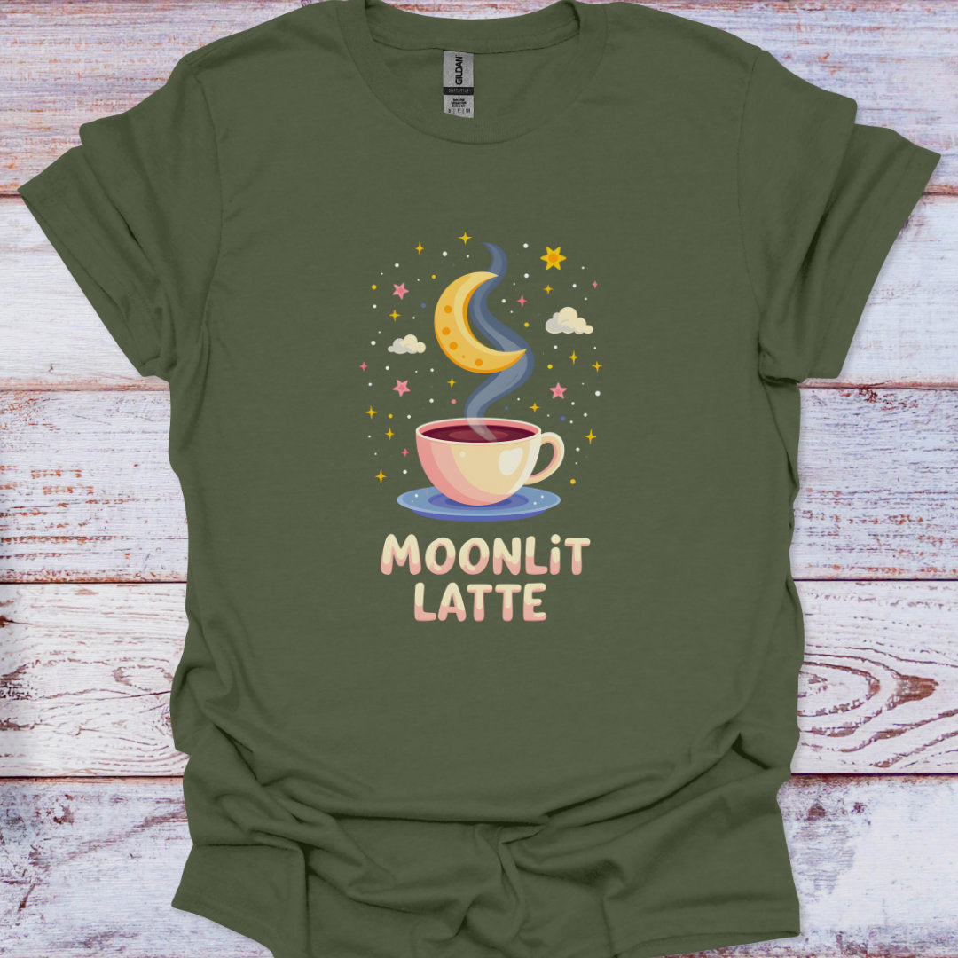 Green t-shirt with 'Moonlit Latte' design featuring a cup of coffee, moon, and stars on a wooden surface.