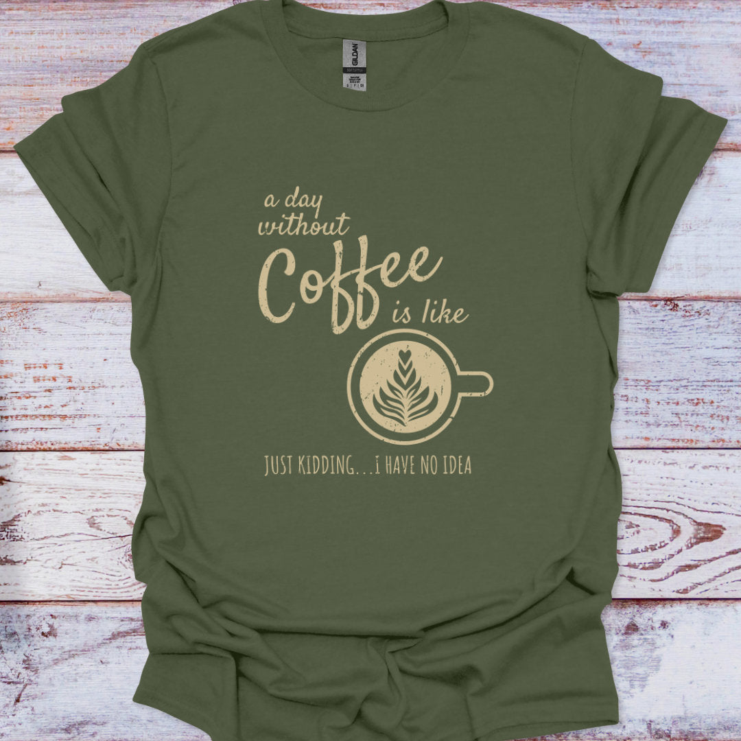 Green t-shirt with coffee-themed text on a wooden surface