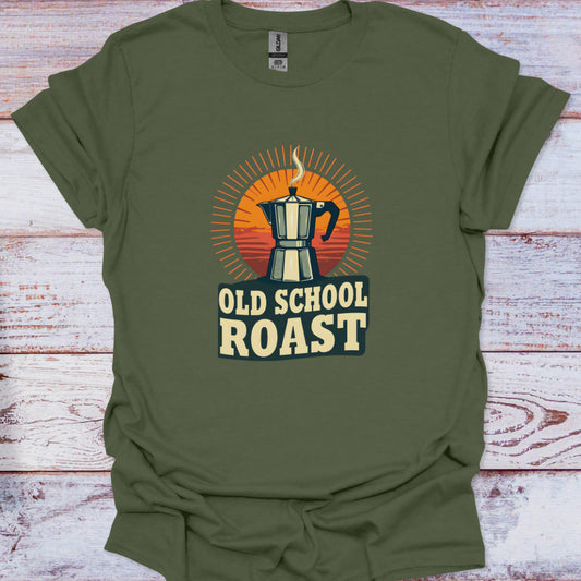 Green t-shirt with 'Old School Roast' graphic on a wooden surface