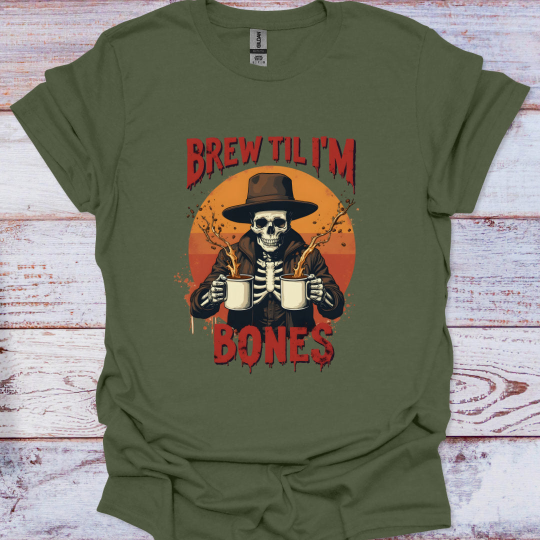 Green t-shirt with a skeleton holding beer mugs and 'Brew Til I'm Bones' text on a wooden surface