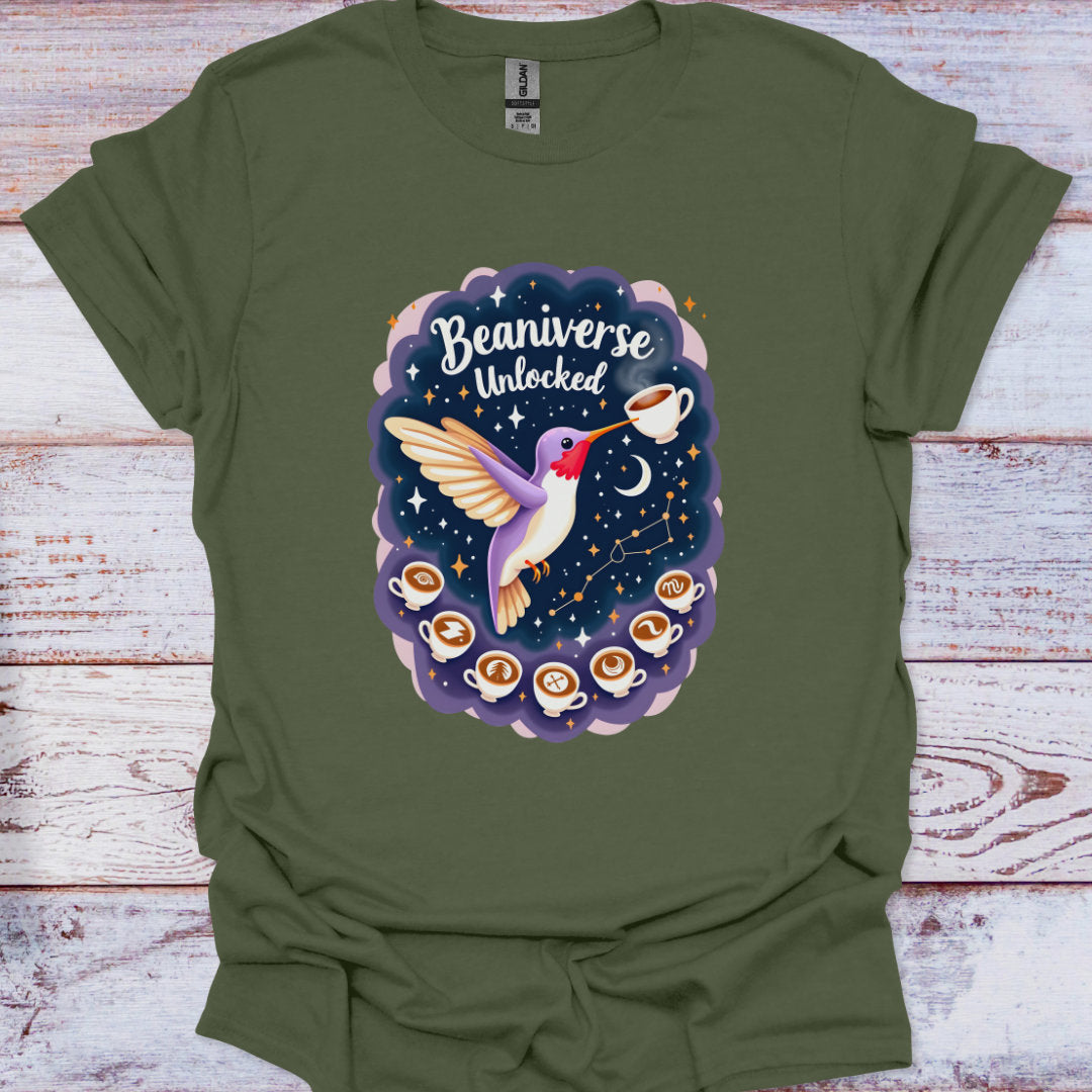 Green t-shirt with a colorful graphic of a hummingbird and coffee cups on a wooden surface
