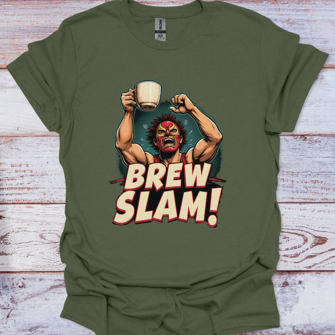 Green t-shirt with a graphic of a muscular character holding a mug and 'Brew Slam!' text on a wooden surface.