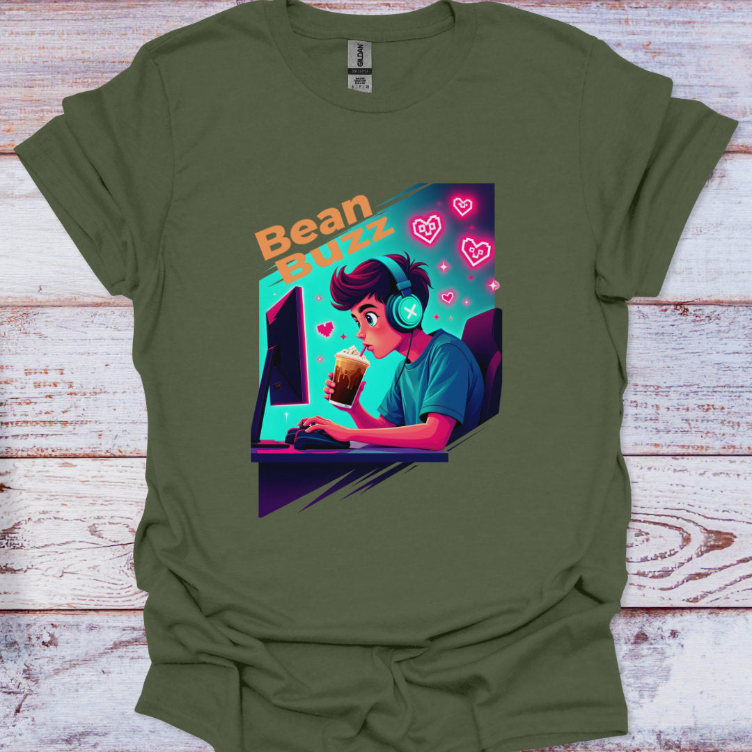 Green t-shirt with a graphic design of a person at a computer screen, drinking a beverage, and the text 'Bean Buzz' on a wooden surface.