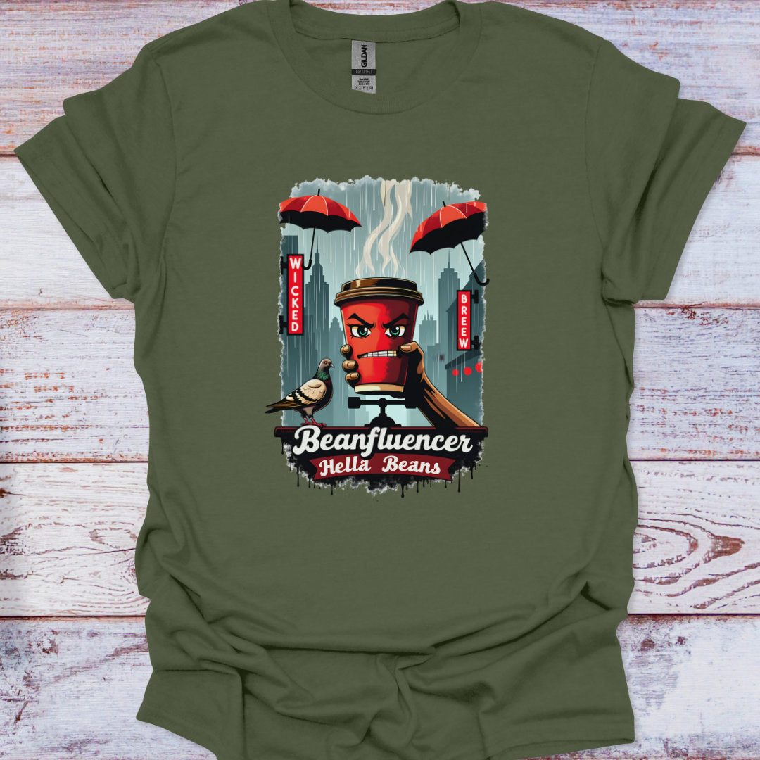Green t-shirt with a graphic design of a red coffee cup and text on a wooden surface