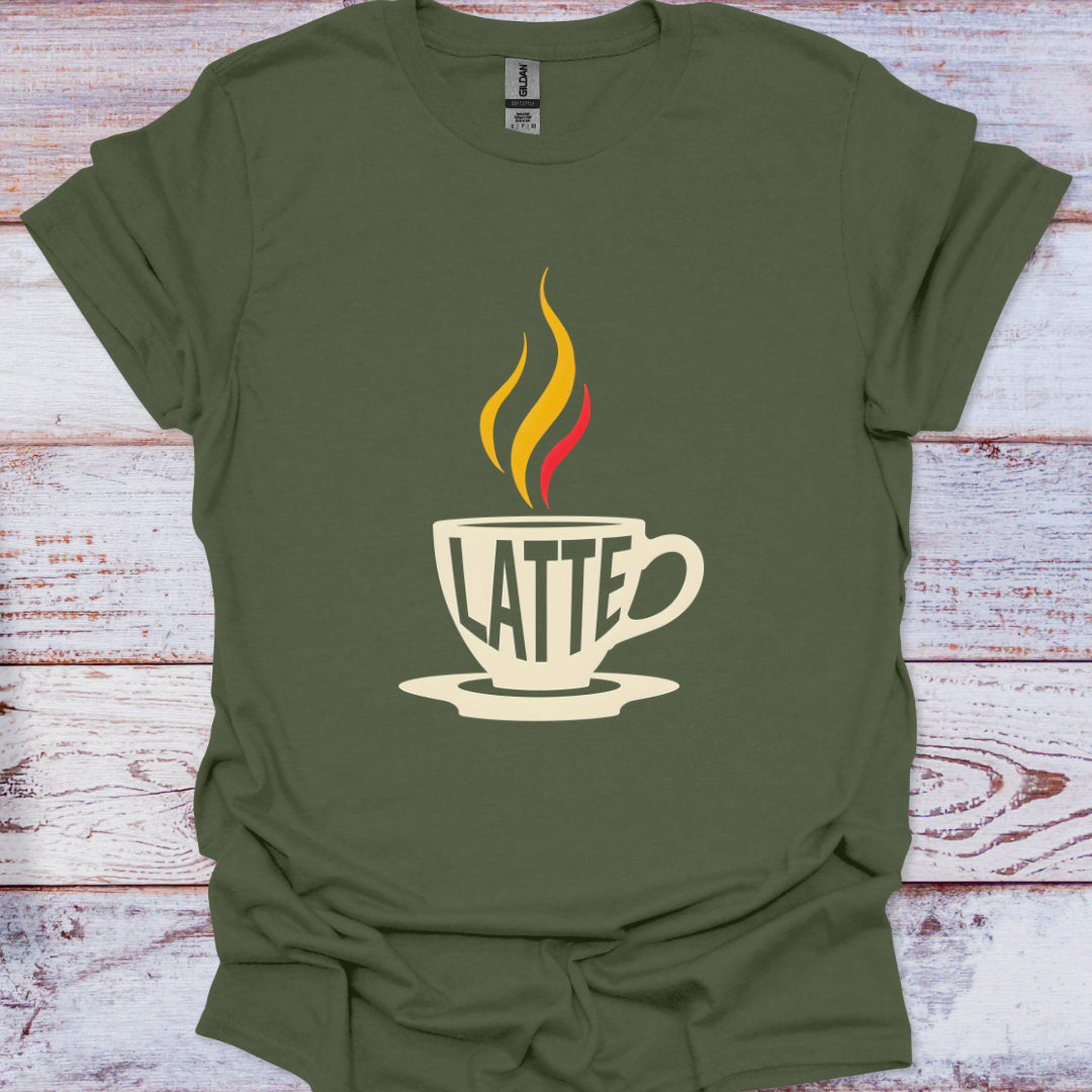 Green t-shirt with a coffee cup graphic and 'LATTE' text on a wooden surface