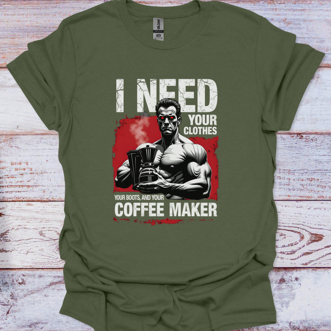 Green t-shirt with graphic design and text on a wooden surface