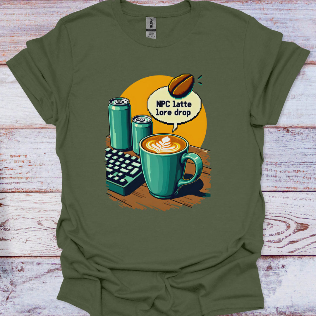 Green t-shirt with a coffee-themed graphic on a wooden surface