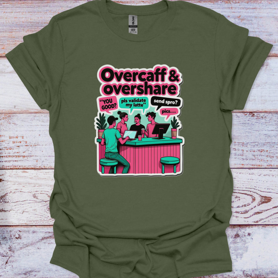 Green t-shirt with a graphic design on a wooden surface