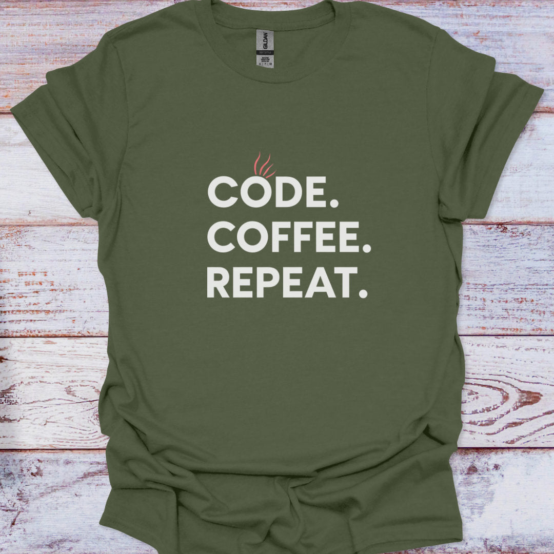 Green t-shirt with 'CODE. COFFEE. REPEAT.' text on a wooden surface