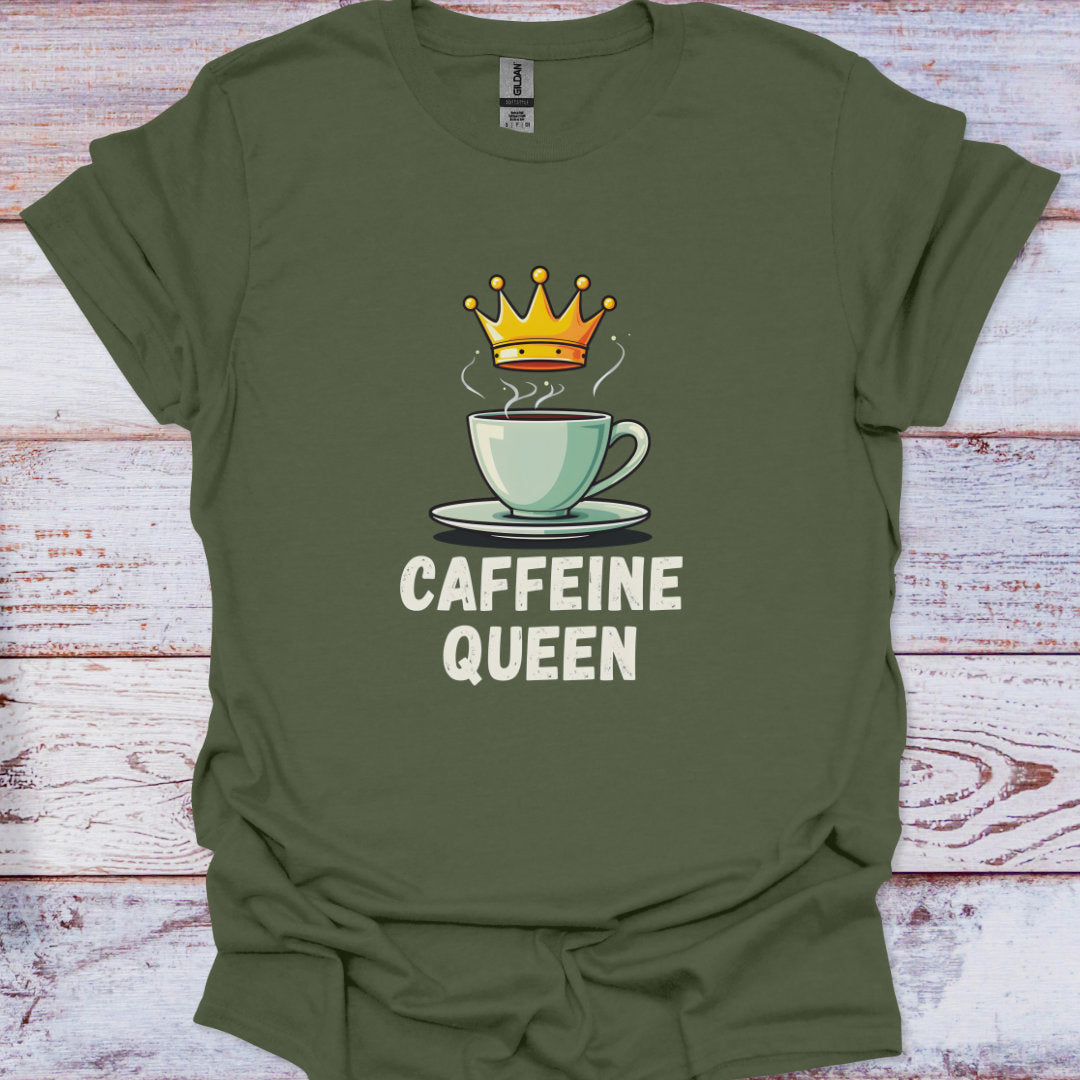 Green t-shirt with a coffee cup and crown graphic and 'CAFFEINE QUEEN' text on a wooden surface.