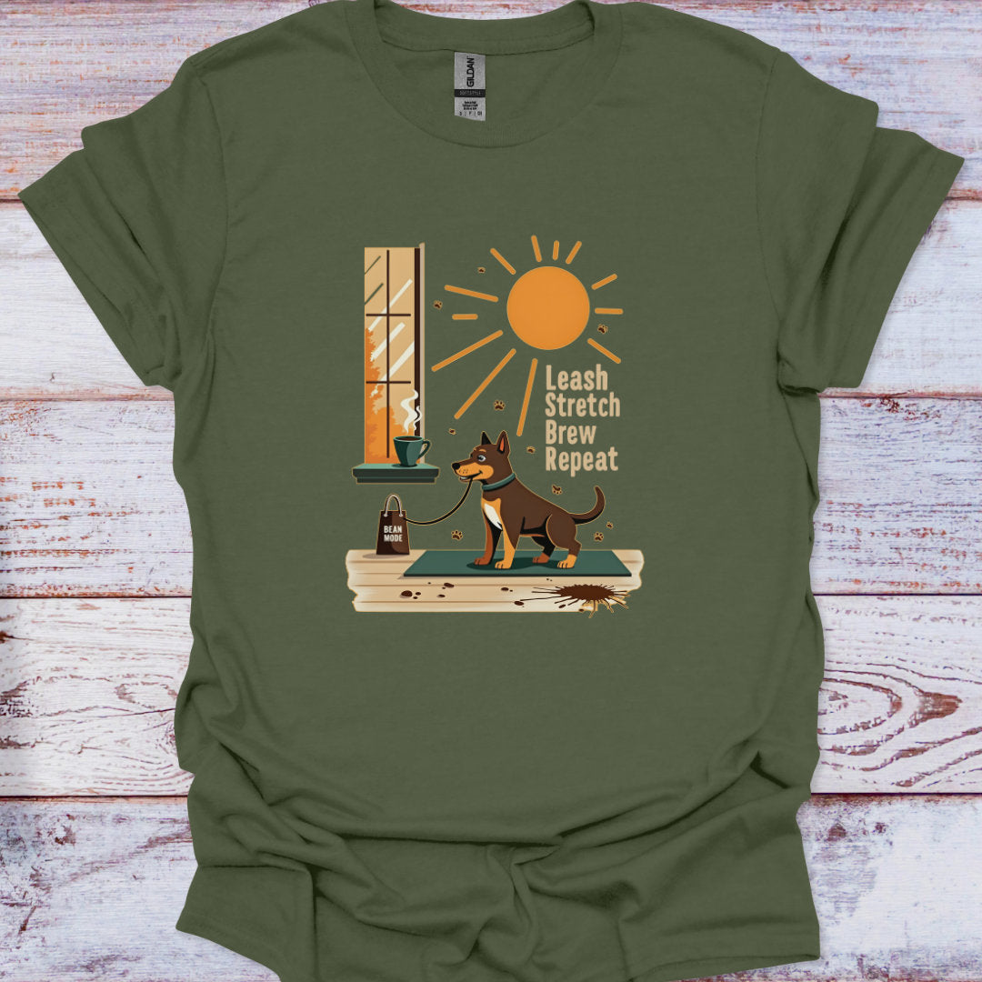 Green t-shirt with a dog graphic and text on a wooden surface